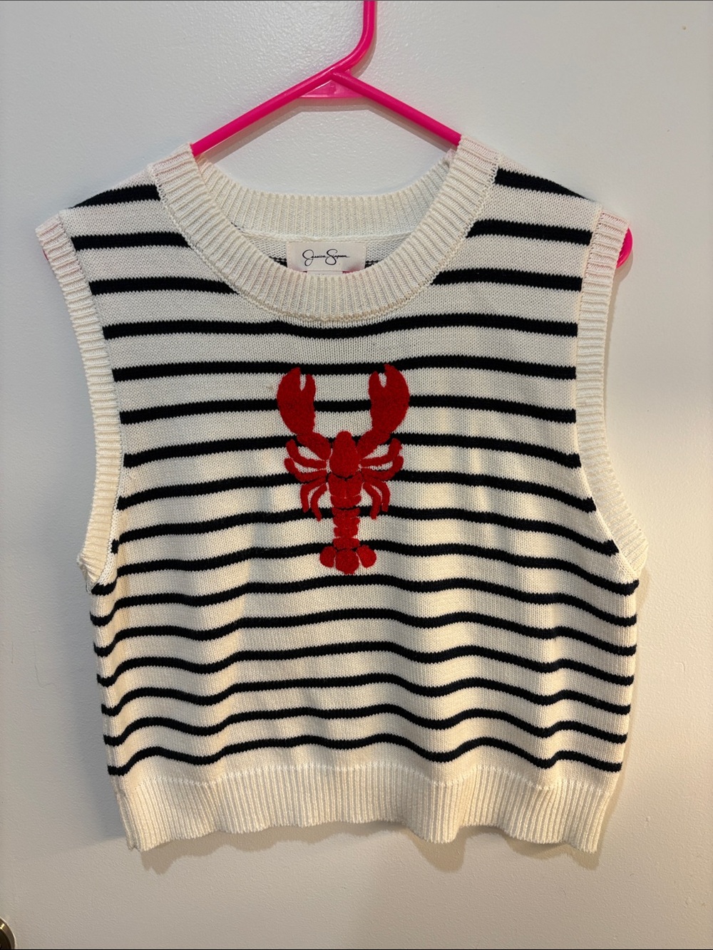 Jessica Simpson Cream and Black Striped Knit Vest with Red Lobster Accent